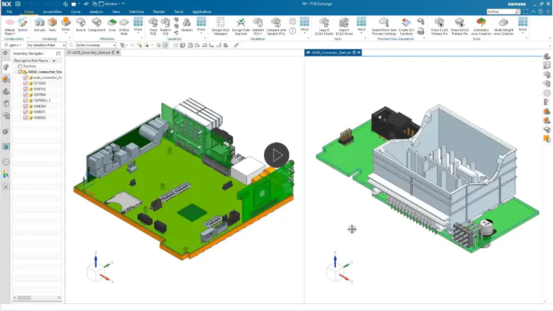 Image of Siemens NX electronics and mechanical design software showing an electrical design in two different views