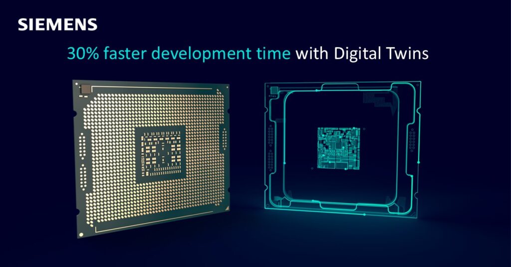 An image of a semiconductor chip and a holographic replica as a digital twin representation