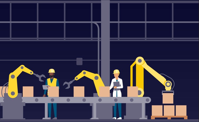 two men in a factory on the production line with robots and boxes