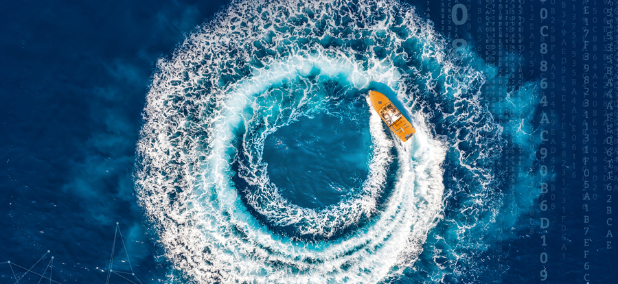 A picture of a boat's wake making a circle in the ocean meant to symbolize integrated ship design and engineering