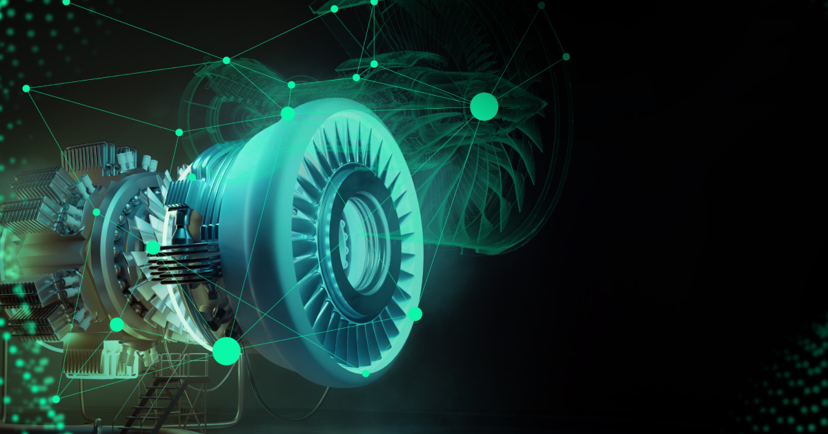 Modern and futuristic aircraft engine components exemplify digital transformation and innovation in aerospace manufacturing