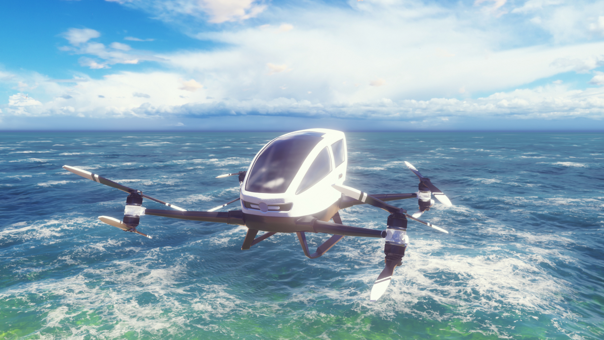 Trends in eVTOL development result in exciting new aircraft, like this eVTOL flying over the ocean with blue sky and white clouds in the background