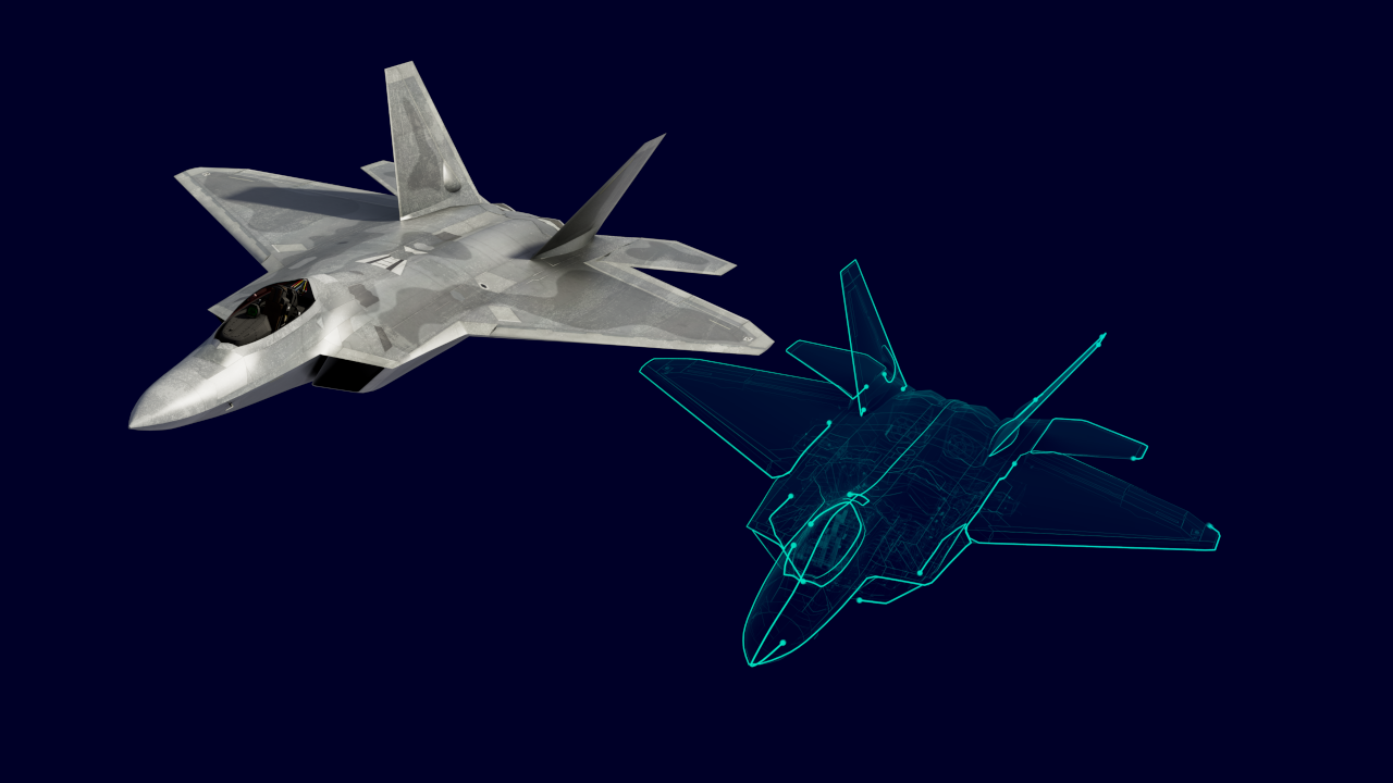 A fighter jet and its digital twin are shown against a dark blue background