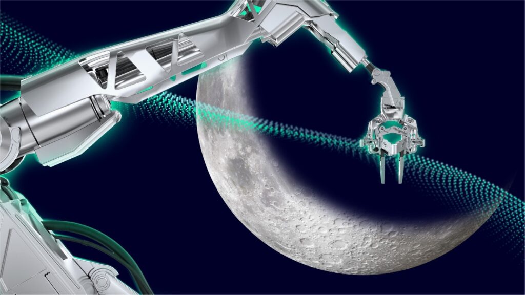 A robotic arm reaching to the moon.