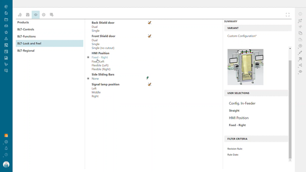 User configuring industrial bottling machine based on available variant criteria