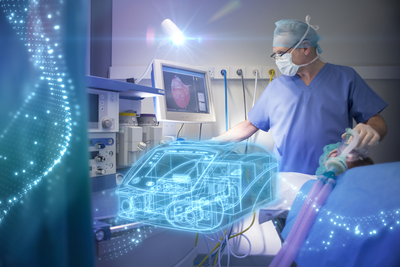 Concept art of a ventillator illustrtating the 5Ms in Medical Device manufacturing.