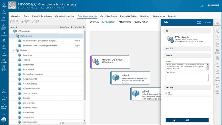 Example of they 5Whys analysis using Teamcenter Quality software screenshot. 