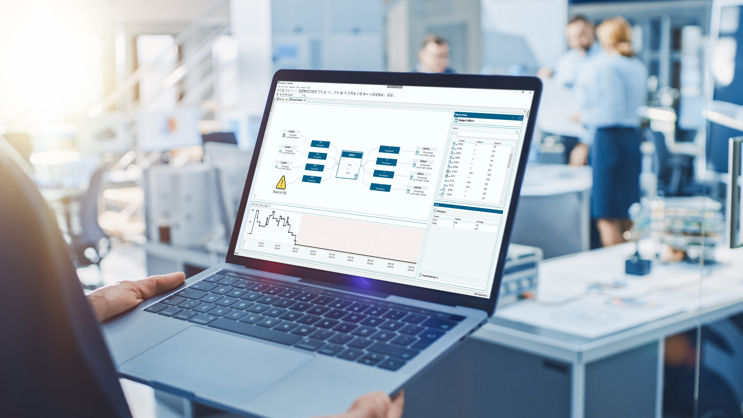 Worker using a laptop computer to view supply chain logistics and production scheduling software data.