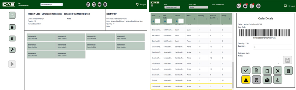A pair of screen shots showing Opcenter Execution customized UX for DAB Pumps.