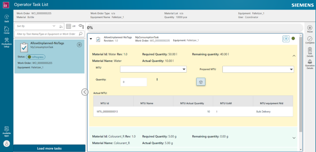 Screen shot from Opcenter Execution Process showing an operator task list