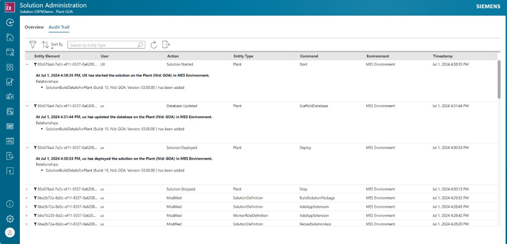 A screen shot from Opcenter Execution Process showing the audit trail within the solution administrator functionality.