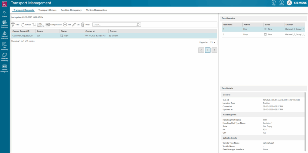Screenshot of a Siemens Transport Management web interface in Opcenter IPL 2504showing a table of transport requests, task overview, and task details, with navigation menus, search, and filter options visible on the screen.