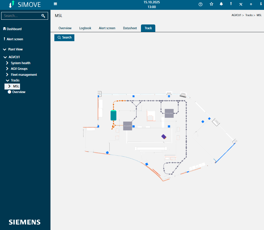 A screenshot of the Siemens SIMOVE software interface displays a facility layout map with tracks and various objects, alongside a navigation menu on the left featuring options like Dashboard, Plant View, and AGV system health.