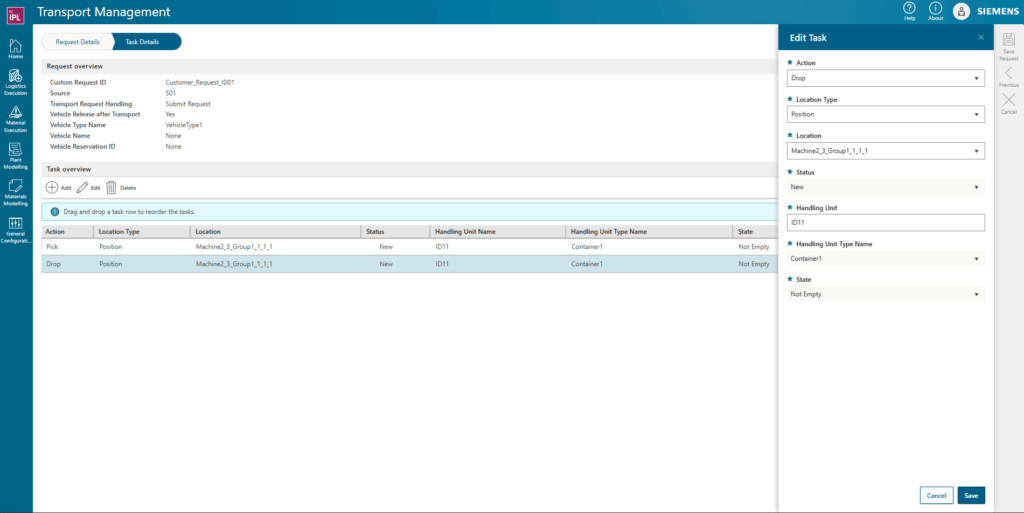 A Transport Management software interface shows request details on the left, including source and destination. A table lists transport tasks. On the right, an “Edit Task” panel displays task details and editable fields. Siemens logo is in the corner.