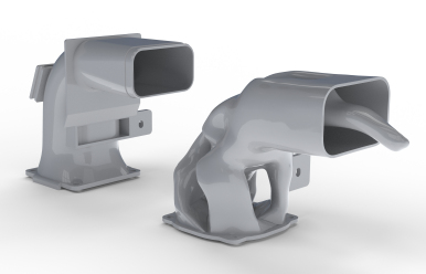 Two versions of the same additive manufaccturing part, one optimized.