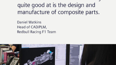 "An area that we think we're really quite good at is the design and manufacture of composite parts." from David Watkins, Head of CAD/PLM Red Bull Racing F1 Team; with a picture of a woman designing a F1 car on her computer in NX CAD.