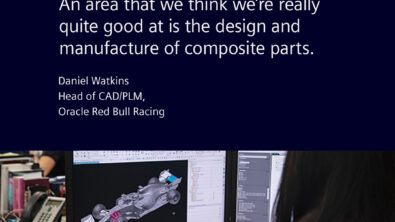 "An area that we think we're really quite good at is the design and manufacture of composite parts." from Daniel Watkins, Head of CAD/PLM Red Bull Racing F1 Team; with a picture of a woman designing a F1 car on her computer in NX CAD.