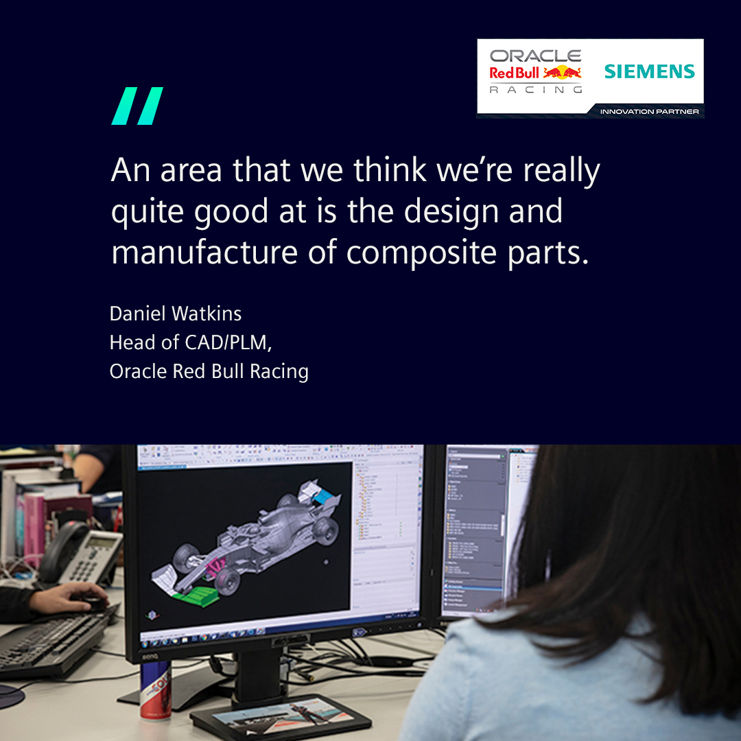 "An area that we think we're really quite good at is the design and manufacture of composite parts." from Daniel Watkins, Head of CAD/PLM Red Bull Racing F1 Team; with a picture of a woman designing a F1 car on her computer in NX CAD.