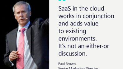 A graphic saying "SaaS in the cloud works in conjunction and adds value to existing environments. It's not an either-or discussion." Paul Brown Senior Marketing Director Siemens Digital Industries Software, with a picture of Paul Brown presenting to the left.