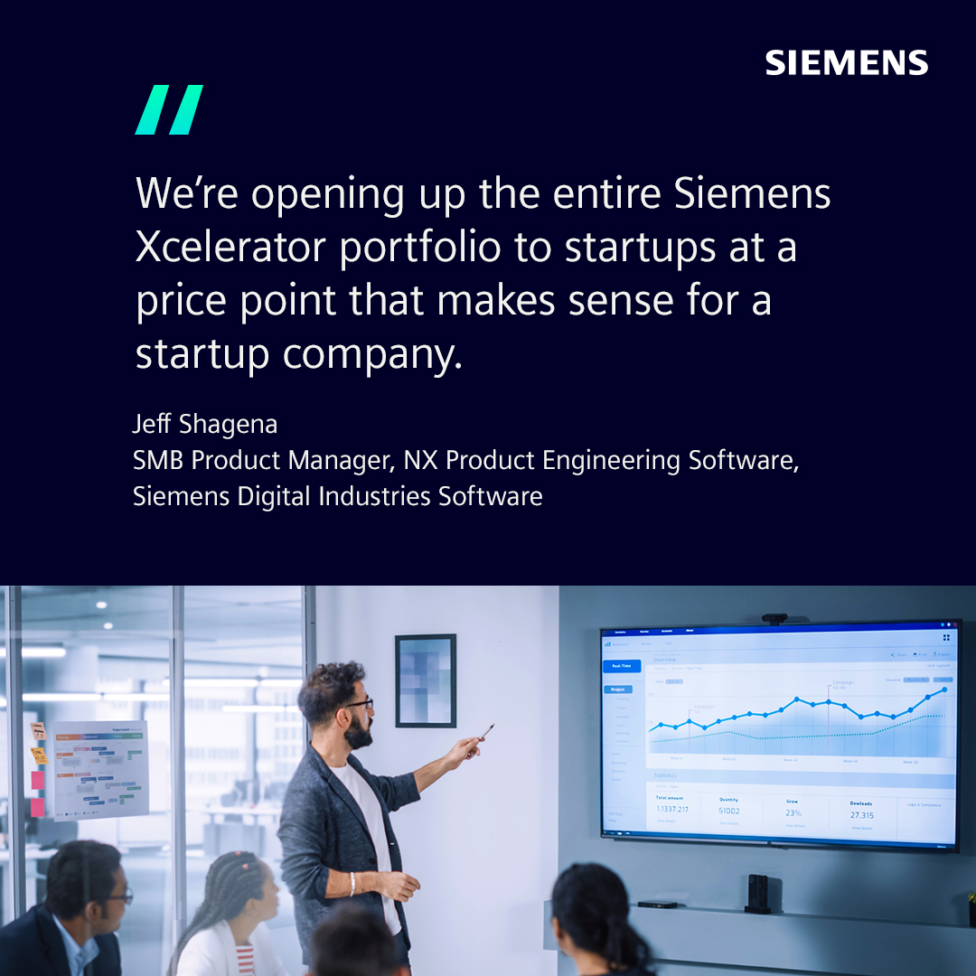 Four people looking at a dashboard with the quote "We’re opening up the entire Siemens Xcelerator portfolio to startups at a price point that makes sense for a startup company." Jeff Shagena SMB Product Manager, NX Product Engineering Software, Siemens Digital Industries Software