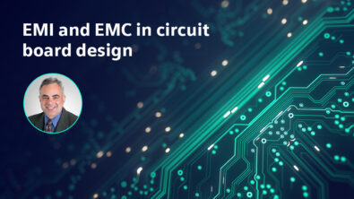 Stylized image of a printed circuit board with text that says EMI and EMC in Circuit Board Design
