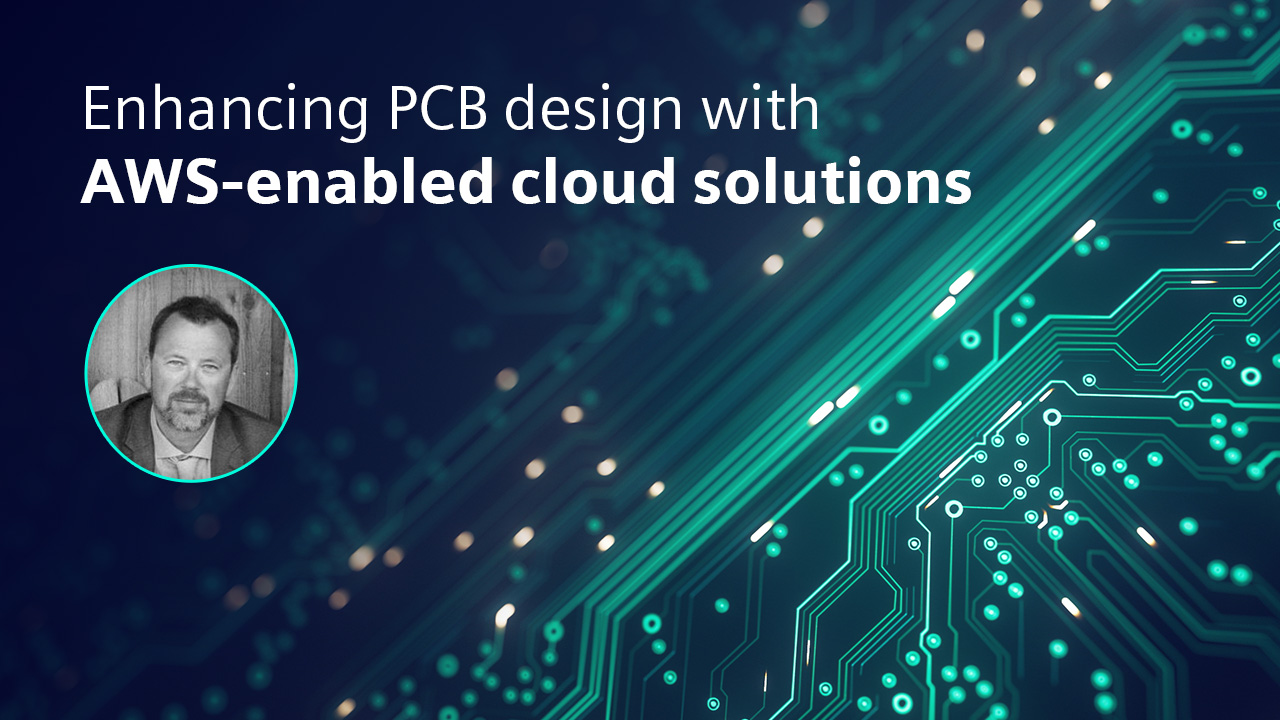 Stylized image of a PCB with Adam Cabler's headshot and text that says Enhancing PCB design with AWS-enabled cloud solutions.