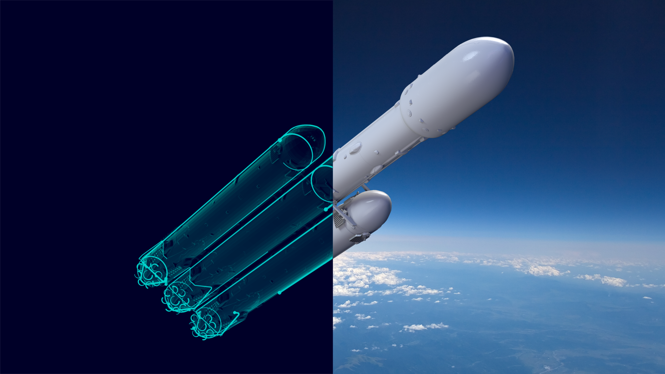 A conceptual image of a multi-stage rocket above Earth, half of it in a digitalized form.