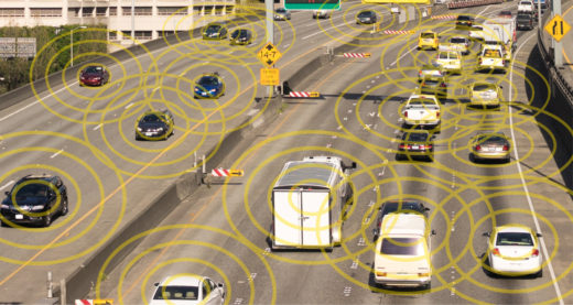 Freeway scene; what ADAS "sees" shown in yellow circles around each car.