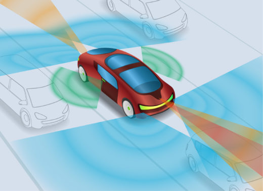 Graphic depicting zones around a vehicle monitored by various ADAS technologies.