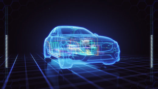 Wire frame rending of car outline showing internal electronic systems.