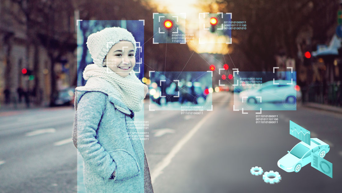 Autonomous vehicles detecting a pedestrian walking across a busy city street.