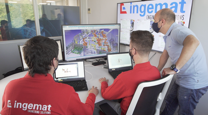 Ingemat employees using Process Simulate software for virtual commissioning solutions