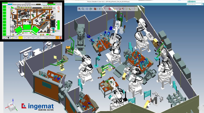Process Simulate software screenshot showing a virtual commissioning project by Ingemat