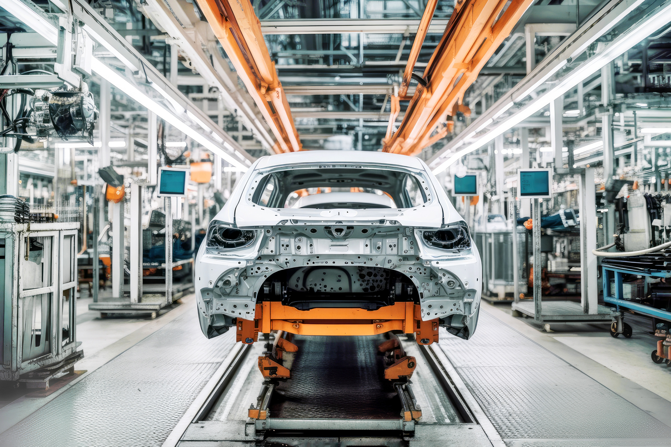 Assembly of an electric vehicle in a modern and technologically advanced automotive plant using cutting-edge manufacturing processes and generative design.