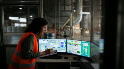 Factory worker using a cybersecure network in an automotive manufacturing plant