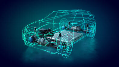 A digital wireframe of an electric vehicle with realistic renderings of the battery pack and electric motor outlining the electrical system.