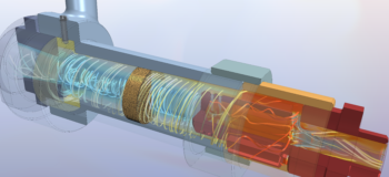 Cross section of simulated liquid flow through a 3D pump