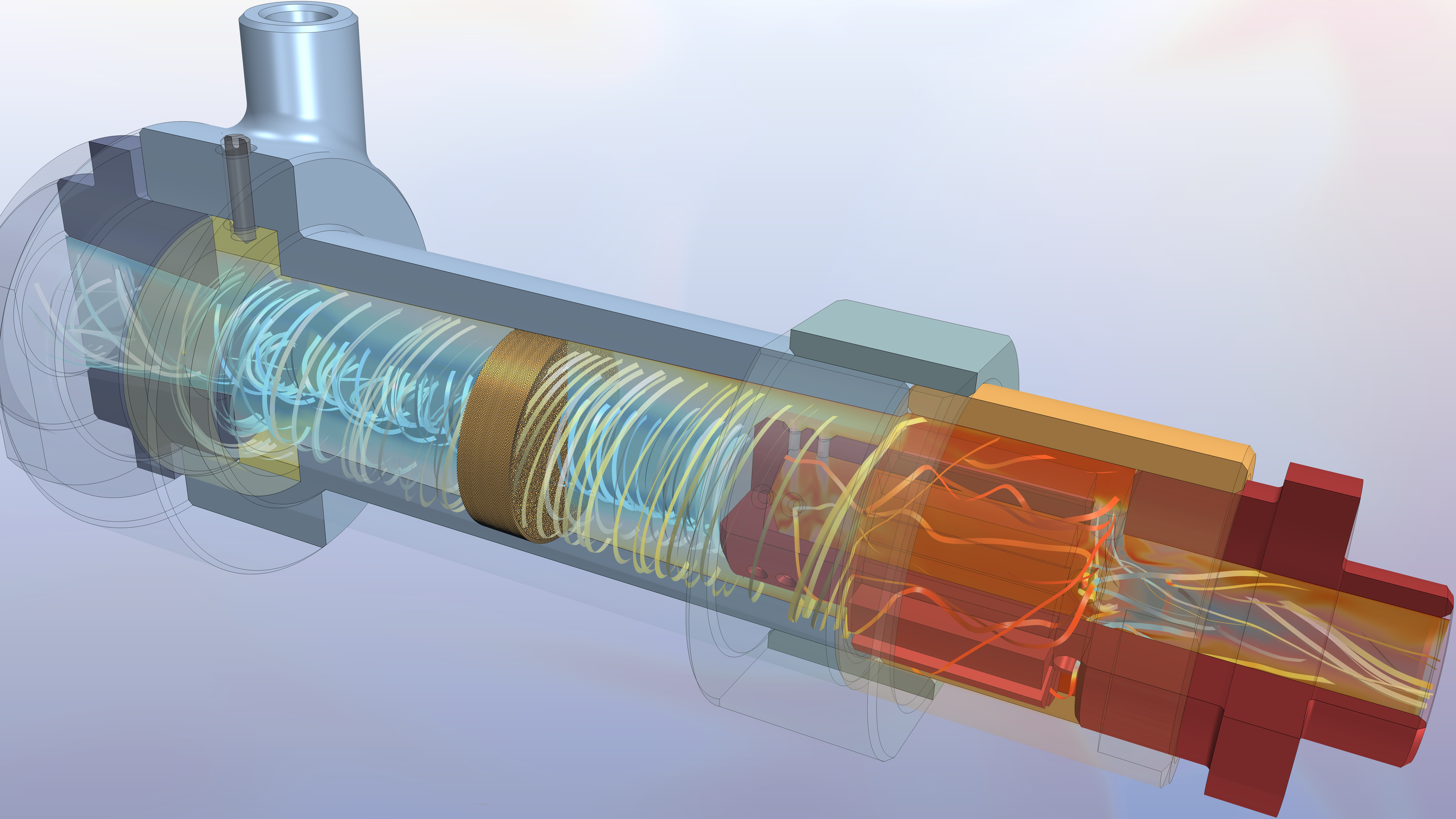 Cross section of simulated liquid flow through a 3D pump