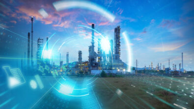Oil refinery industry at sunrise with digital overlay