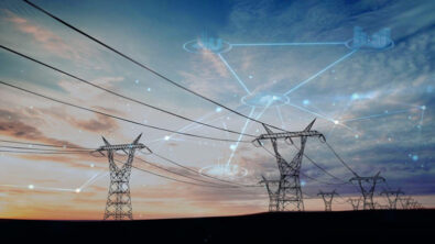Power lines at dusk with digital overlay