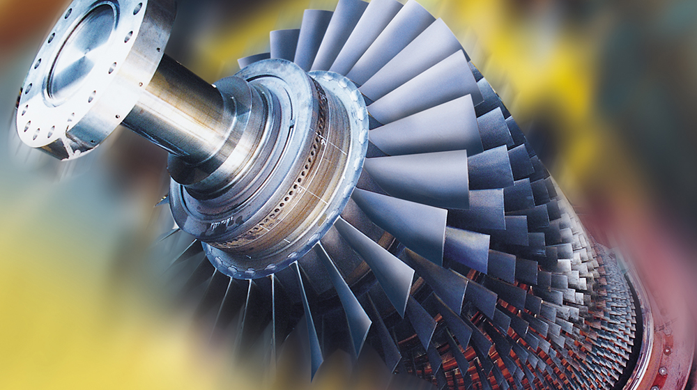 Gas turbine simulation with yellow-colored digital overlay