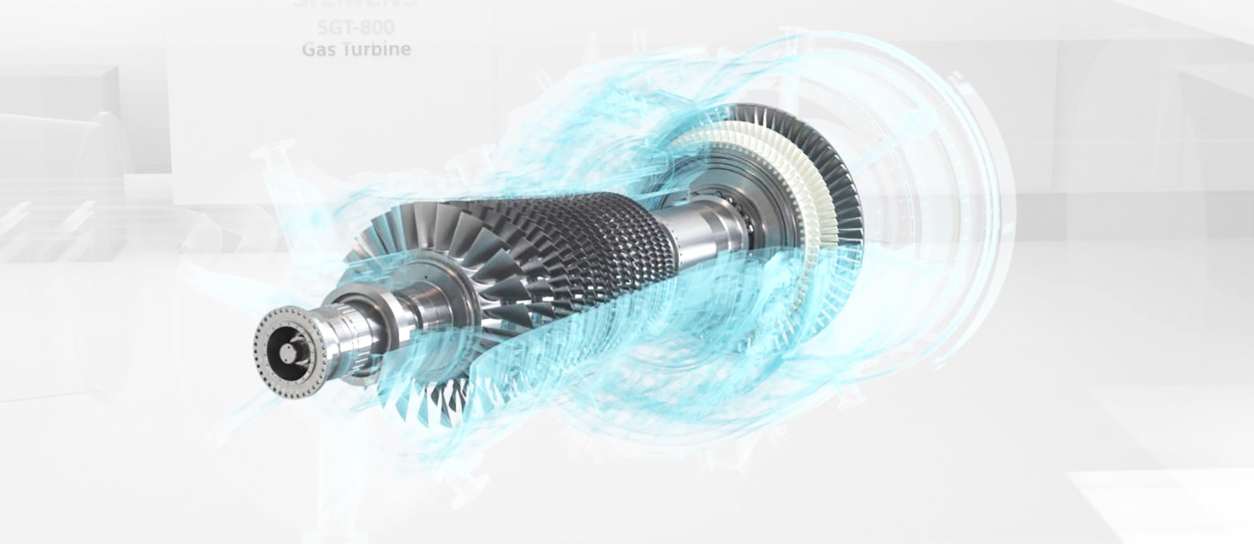 Gas turbine simulation with blue-colored digital overlay