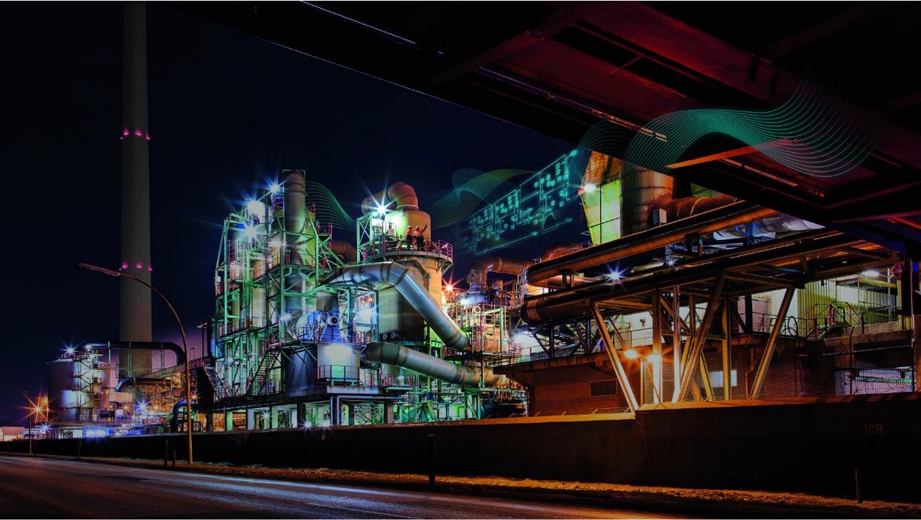 Refinery at night with digital overlay