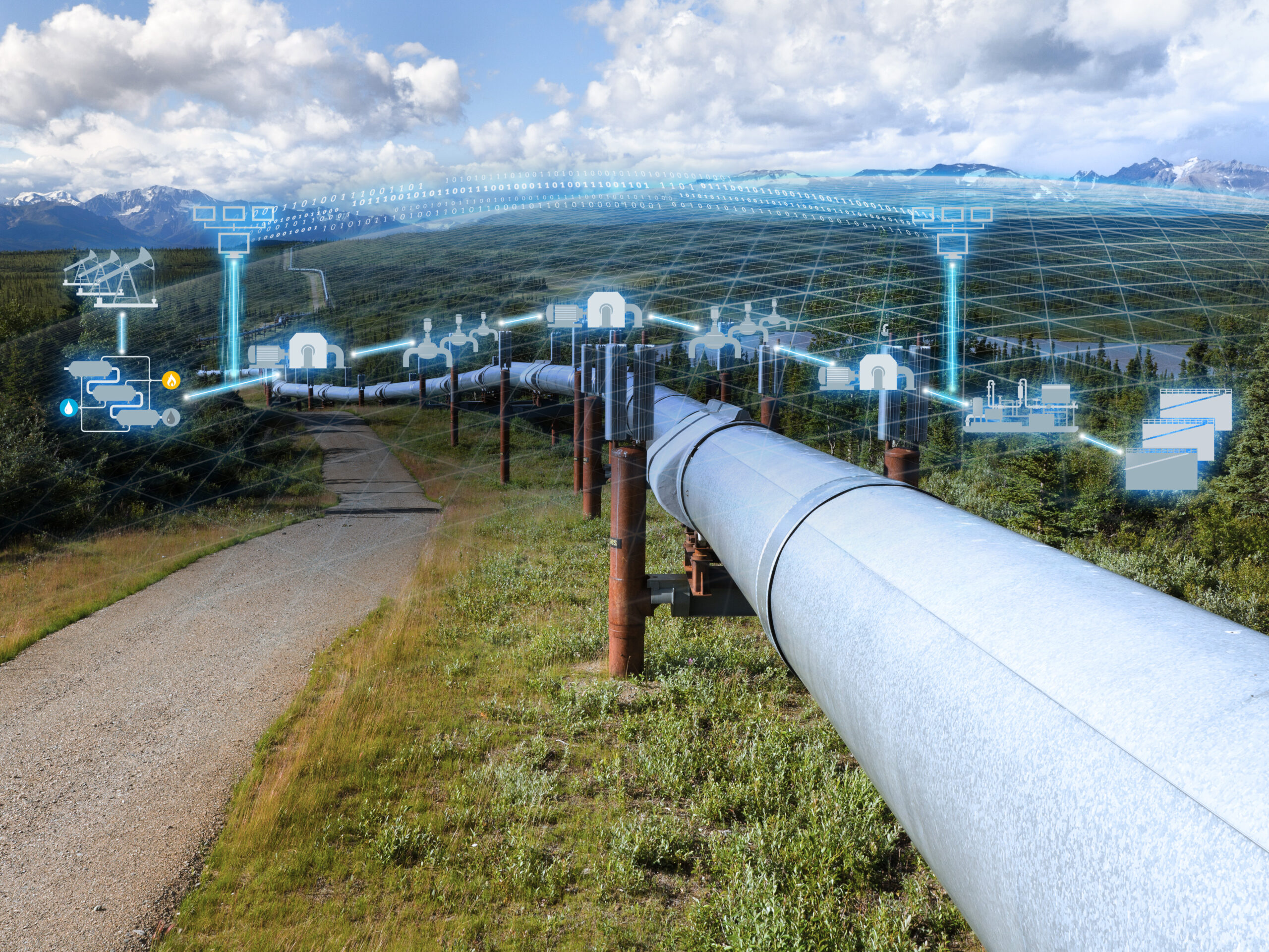 Pipeline in green field with digital overlay.