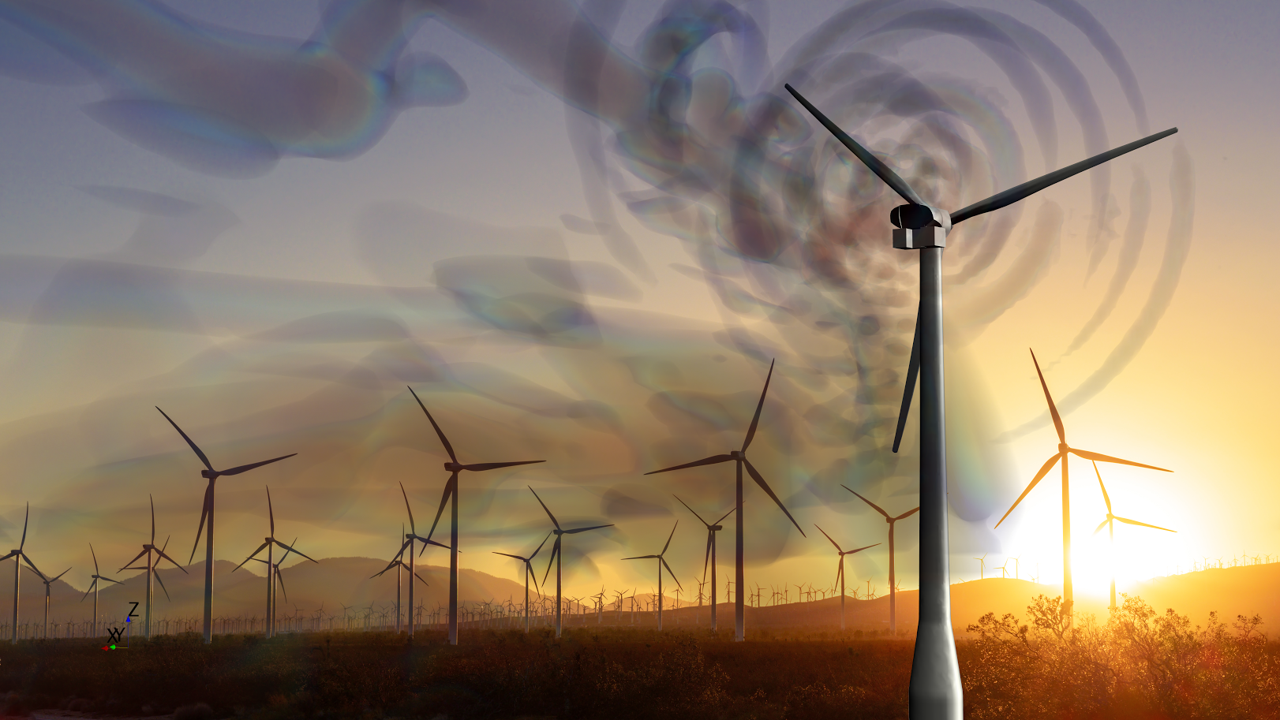 Wind turbines at dusk with simulated digital overlays