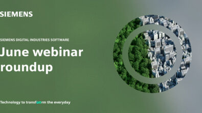 A green forest beside a white cityscape within a circular shape is part of a promotional image about live and on-demand webinars from Siemens Digital Industries Software for June 2024
