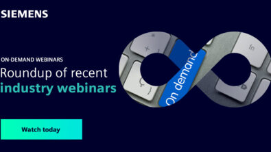 A graphic promoting recent on-demand webinars from Siemens Digital Industries Software, including an outline of an infinity symbol sideways and a keyboard with a key labeled On demand in the background