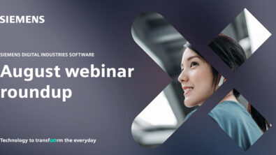 A woman's face within an "x" shape representing transformation is part of a promotional image about live and on-demand webinars from Siemens Digital Industries Software for August 2024