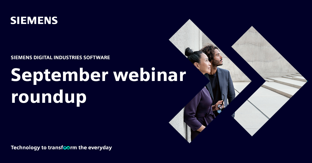 A man and woman look up a white, stone staircase within a chevron shape representing moving forward is part of a promotional image about live and on-demand webinars from Siemens Digital Industries Software for September 2024