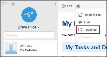 Download My Polarion personal dashboard as a page archive